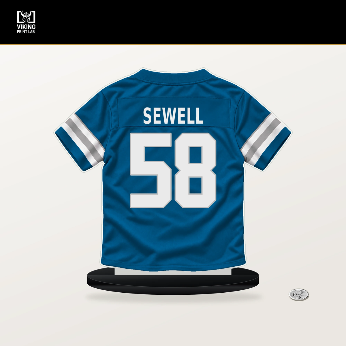 Penei Sewell number 58 Detroit Lions jersey stand with included black base.