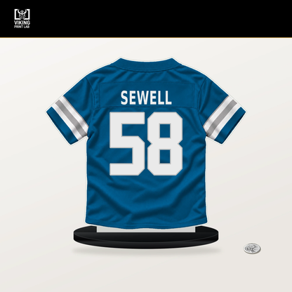 Penei Sewell number 58 Detroit Lions jersey stand with included black base.