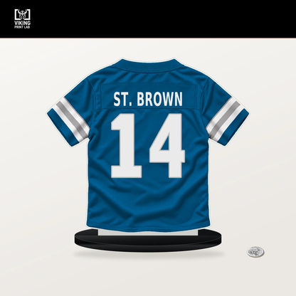 Amon-Ra St. Brown number 14 Detroit Lions jersey stand with included black base.