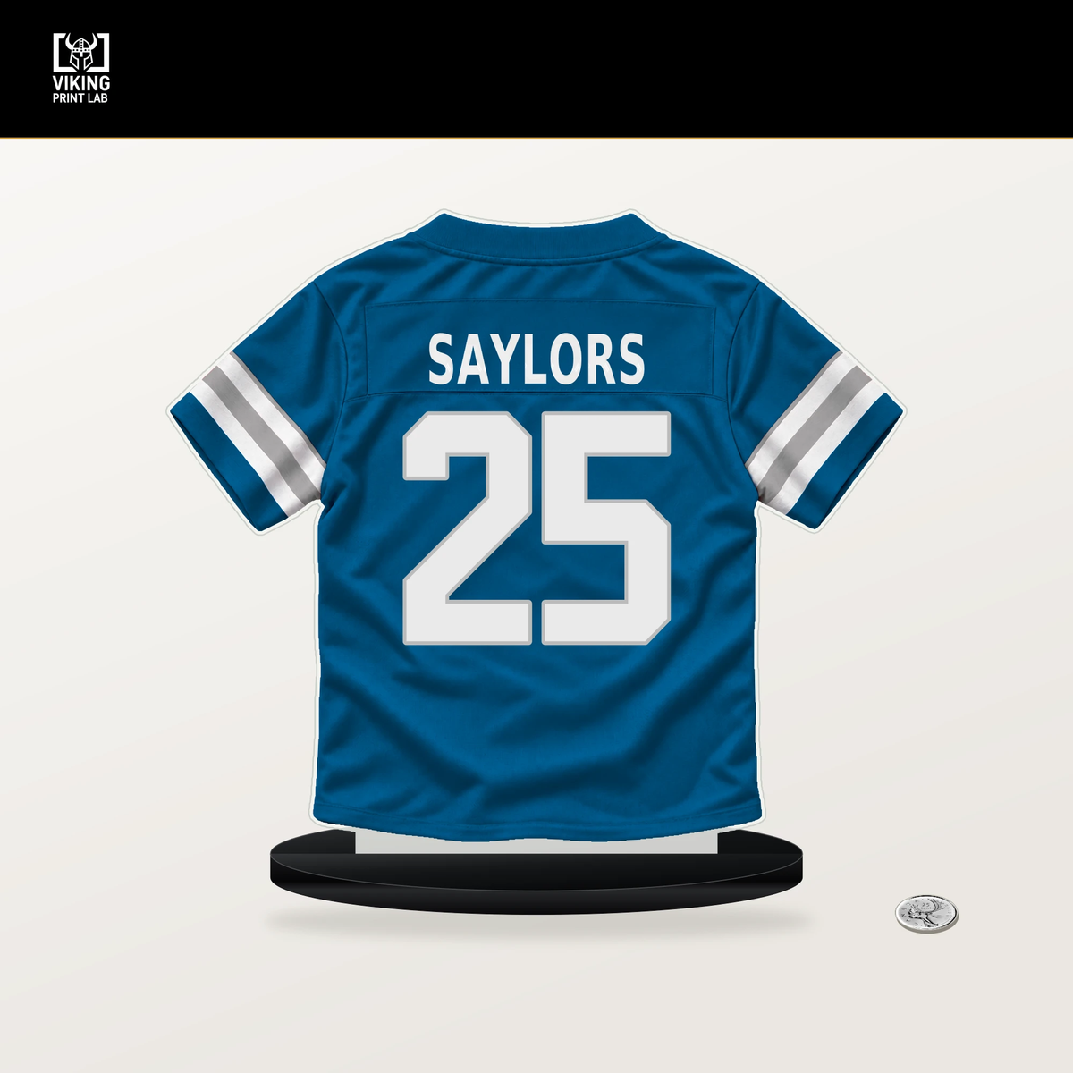 Jacob Saylors number 25 Detroit Lions jersey stand with included black base.