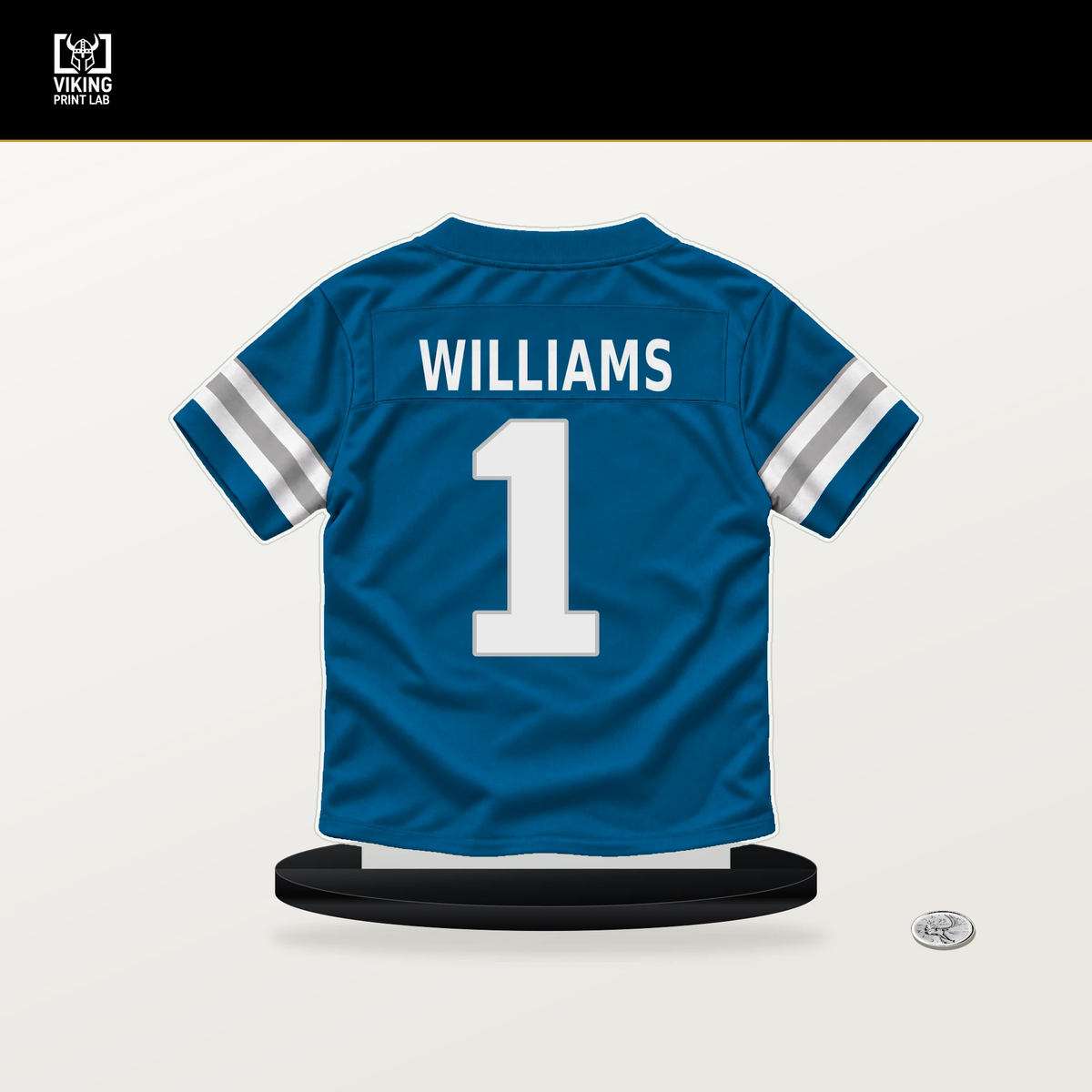 Jameson Williams number 1 Detroit Lions jersey stand with included black base.