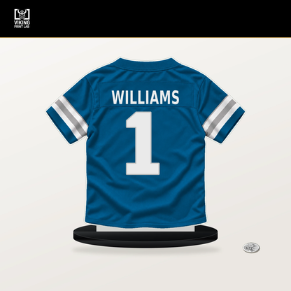 Jameson Williams number 1 Detroit Lions jersey stand with included black base.