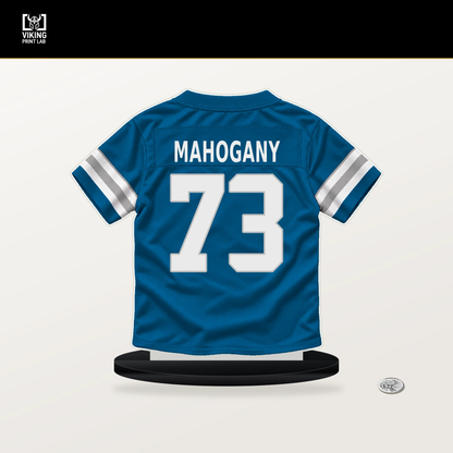 Christian Mahogany number 73 Detroit Lions jersey stand with included black base.