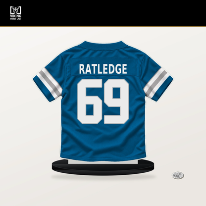 Tate Ratledge number 69 Detroit Lions jersey stand with included black base.
