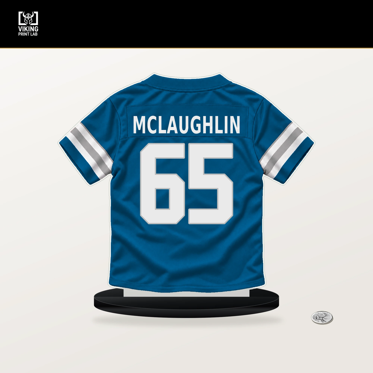 Seth McLaughlin number 65 Detroit Lions jersey stand with included black base.