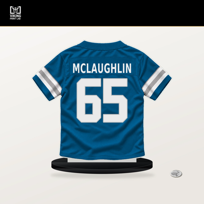 Seth McLaughlin number 65 Detroit Lions jersey stand with included black base.