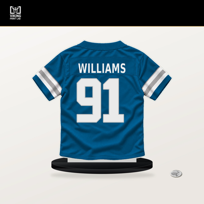 Tyleik Williams number 91 Detroit Lions jersey stand with included black base.