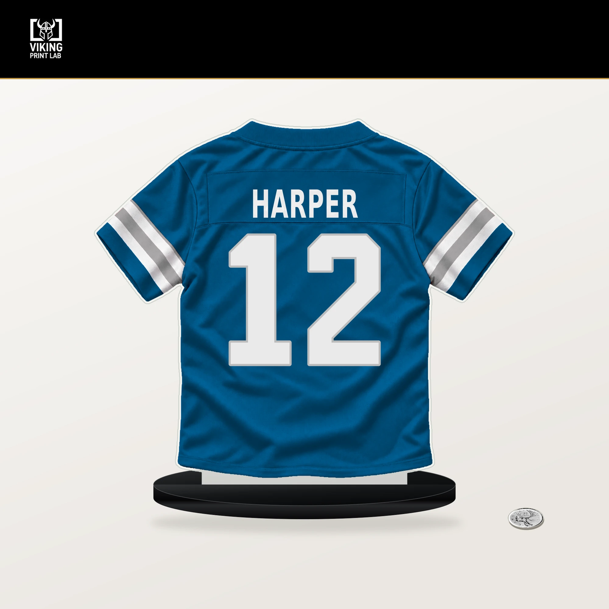 Thomas Harper number 12 Detroit Lions jersey stand with included black base.