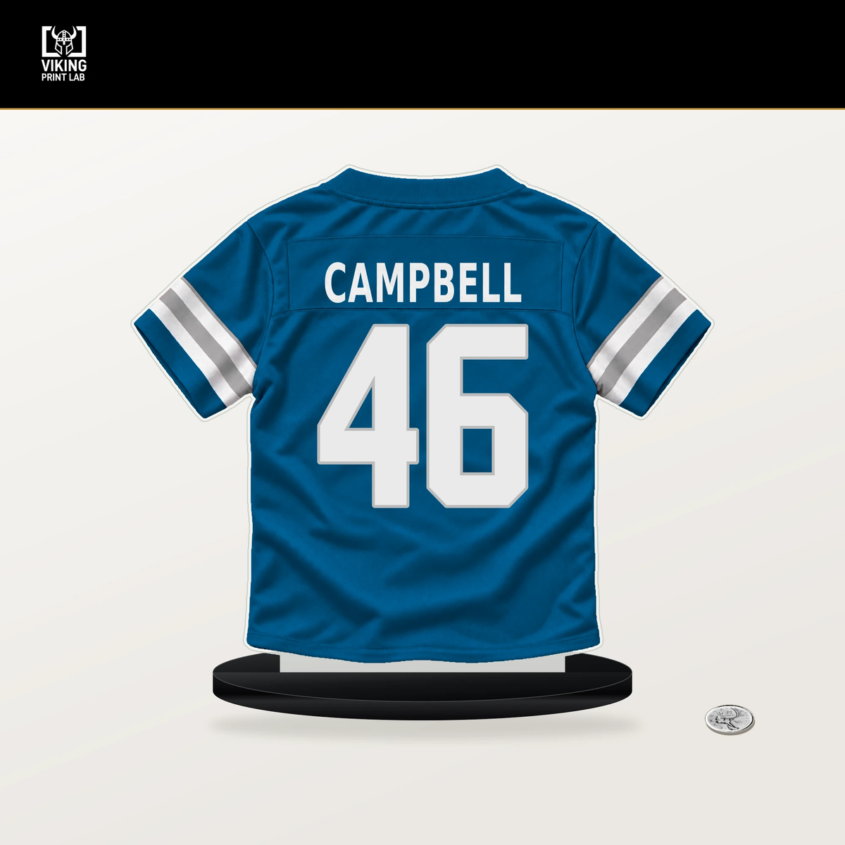 Jack Campbell number 46 Detroit Lions jersey stand with included black base.