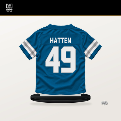 Hogan Hatten number 49 Detroit Lions jersey stand with included black base.