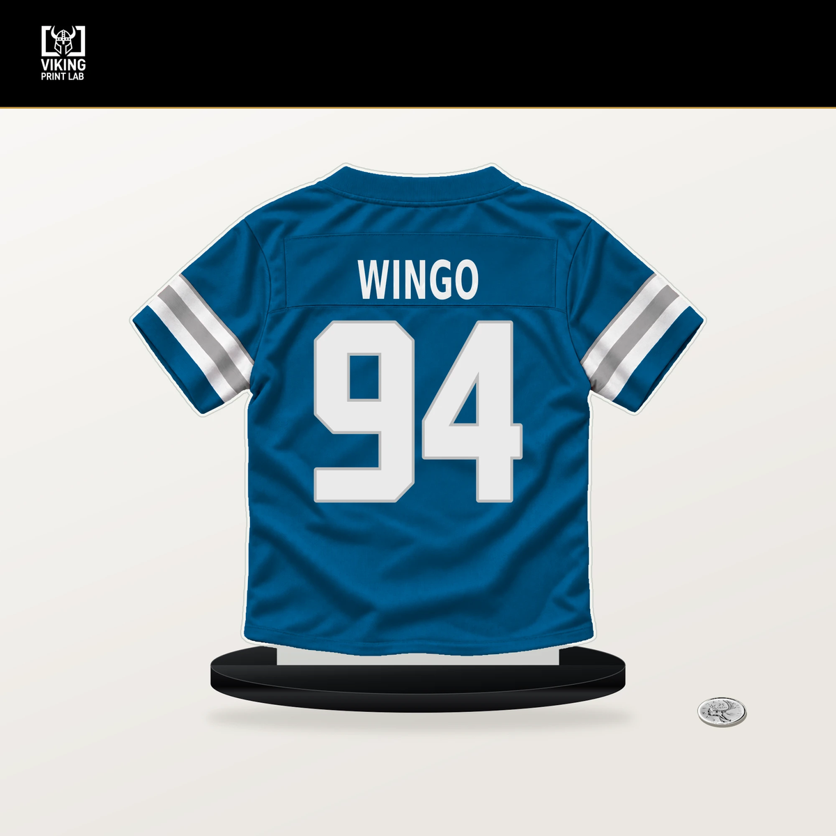 Mekhi Wingo number 94 Detroit Lions jersey stand with included black base.