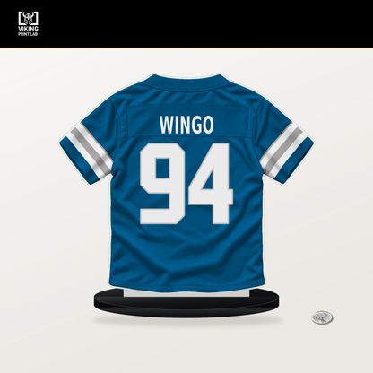 Mekhi Wingo number 94 Detroit Lions jersey stand with included black base.