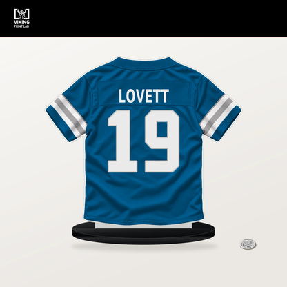 Dominic Lovett number 19 Detroit Lions jersey stand with included black base.