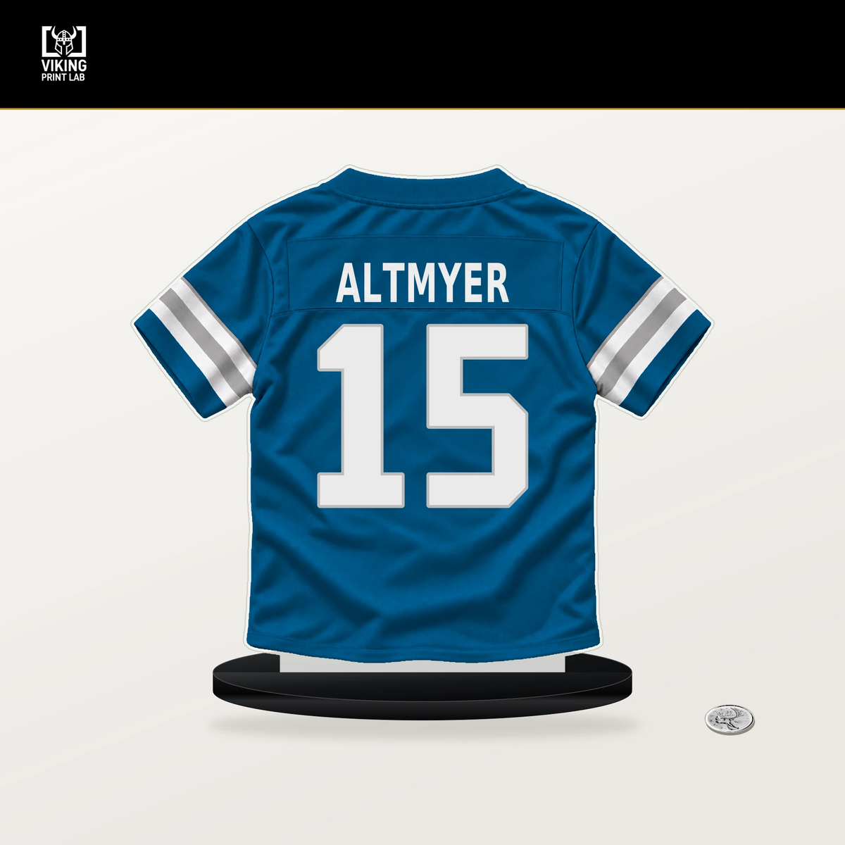 Luke Altmyer number 15 Detroit Lions jersey stand with included black base.