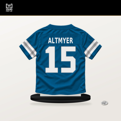 Luke Altmyer number 15 Detroit Lions jersey stand with included black base.