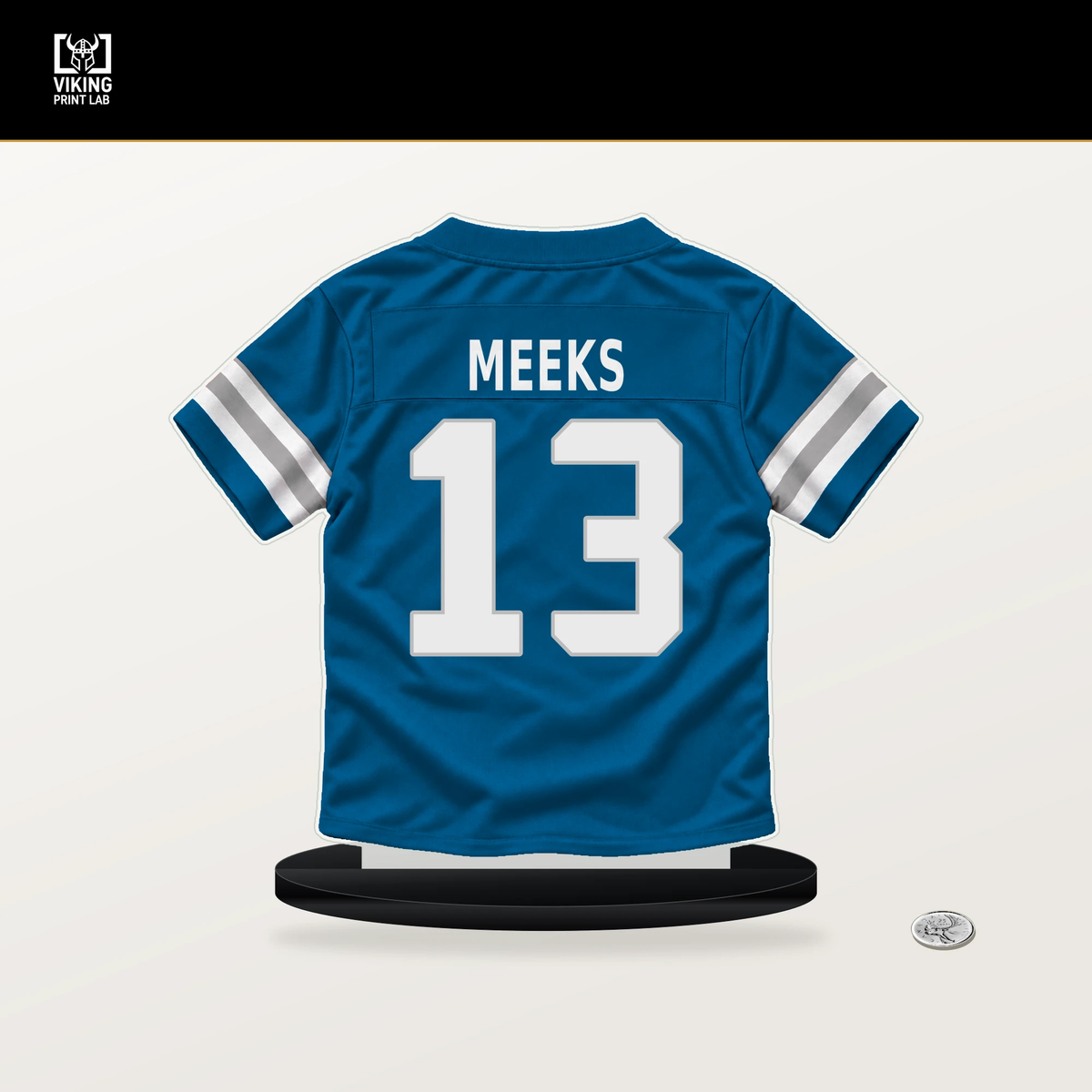 Jackson Meeks number 13 Detroit Lions jersey stand with included black base.
