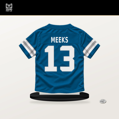 Jackson Meeks number 13 Detroit Lions jersey stand with included black base.