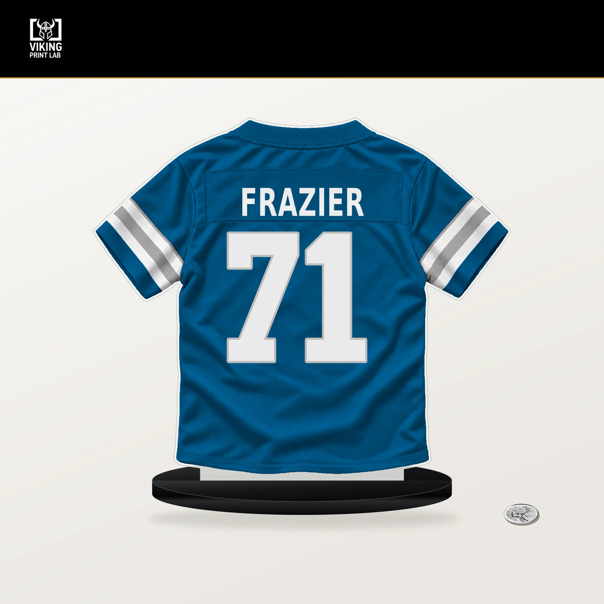 Miles Frazier number 71 Detroit Lions jersey stand with included black base.