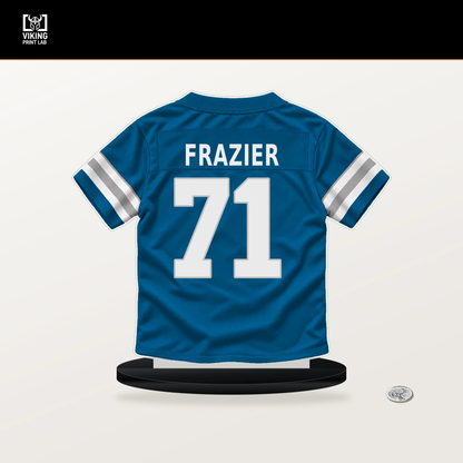Miles Frazier number 71 Detroit Lions jersey stand with included black base.