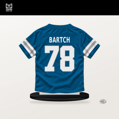 Ben Bartch number 78 Detroit Lions jersey stand with included black base.