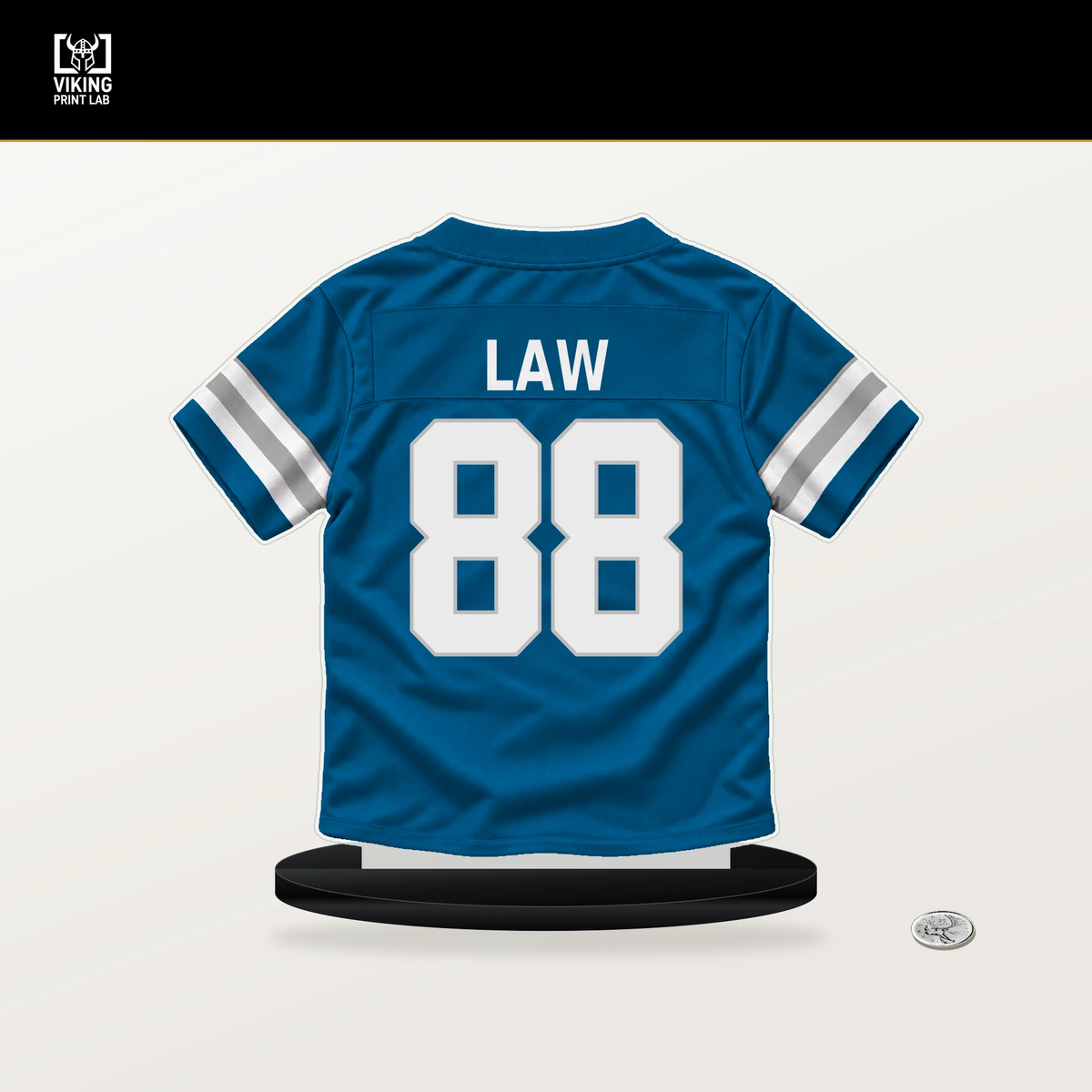 Kendrick Law number 88 Detroit Lions jersey stand with included black base.