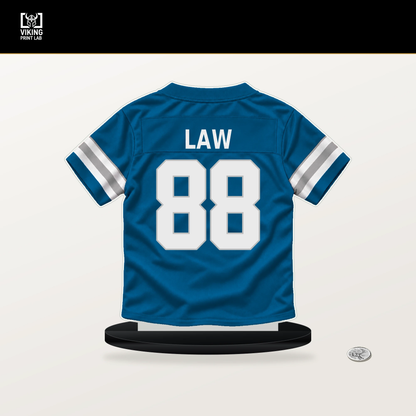 Kendrick Law number 88 Detroit Lions jersey stand with included black base.