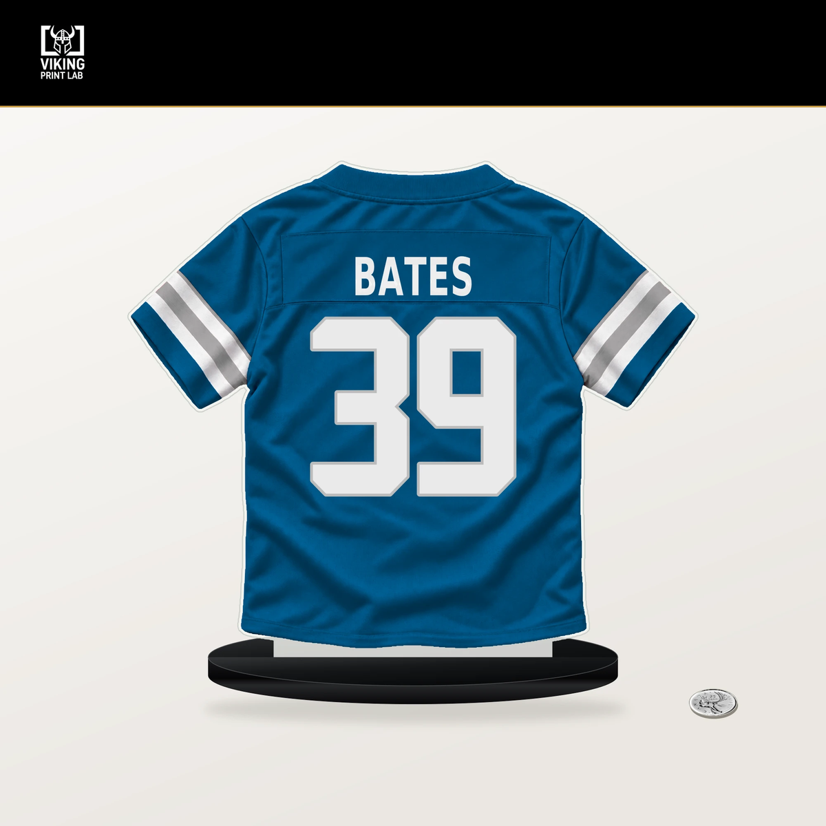 Jake Bates number 39 Detroit Lions jersey stand with included black base.
