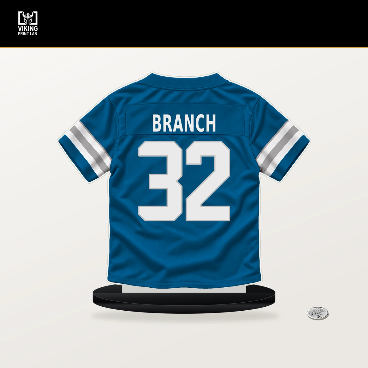 Brian Branch number 32 Detroit Lions jersey stand with included black base.