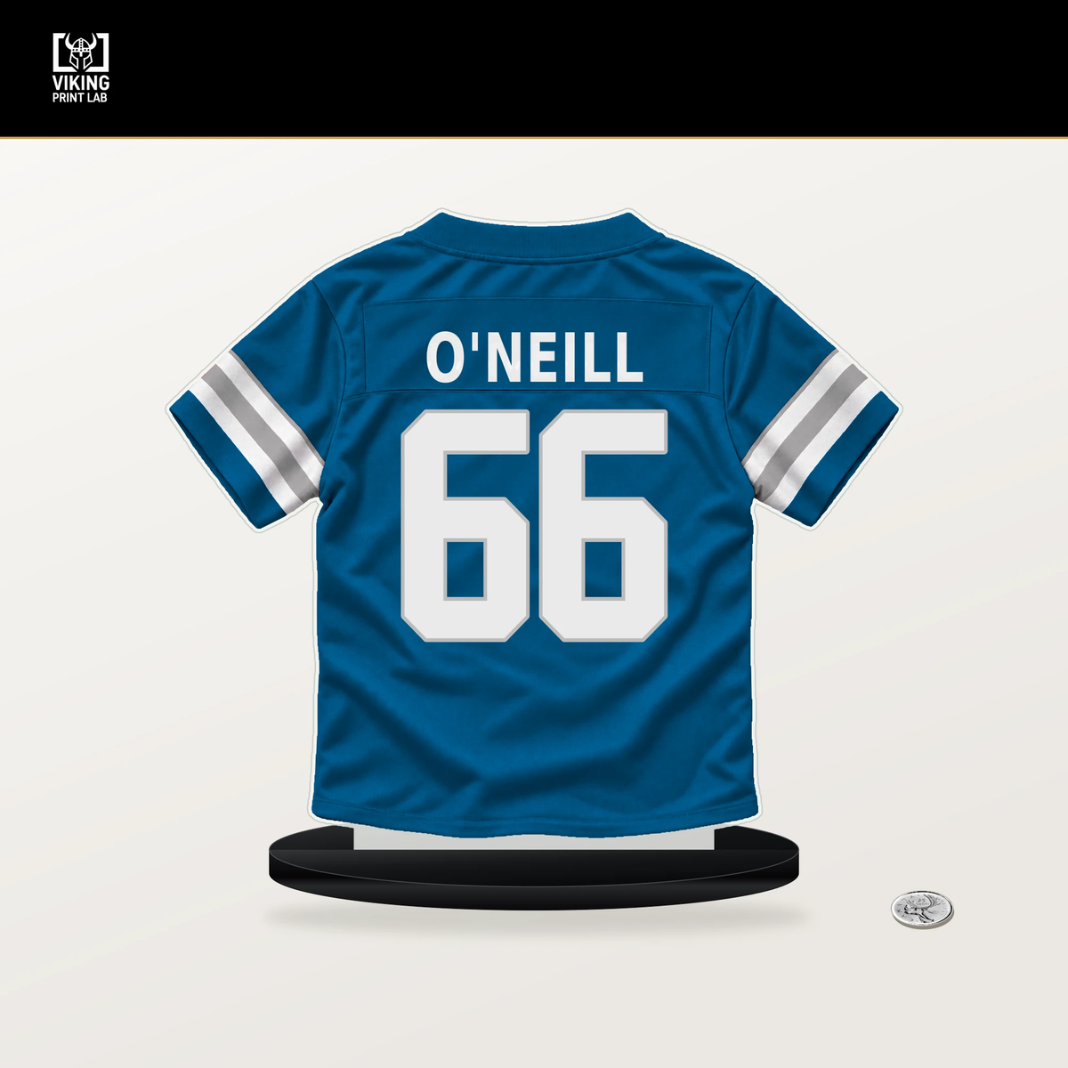 Eric O'Neill number 66 Detroit Lions jersey stand with included black base.