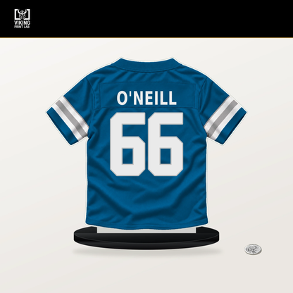 Eric O'Neill number 66 Detroit Lions jersey stand with included black base.