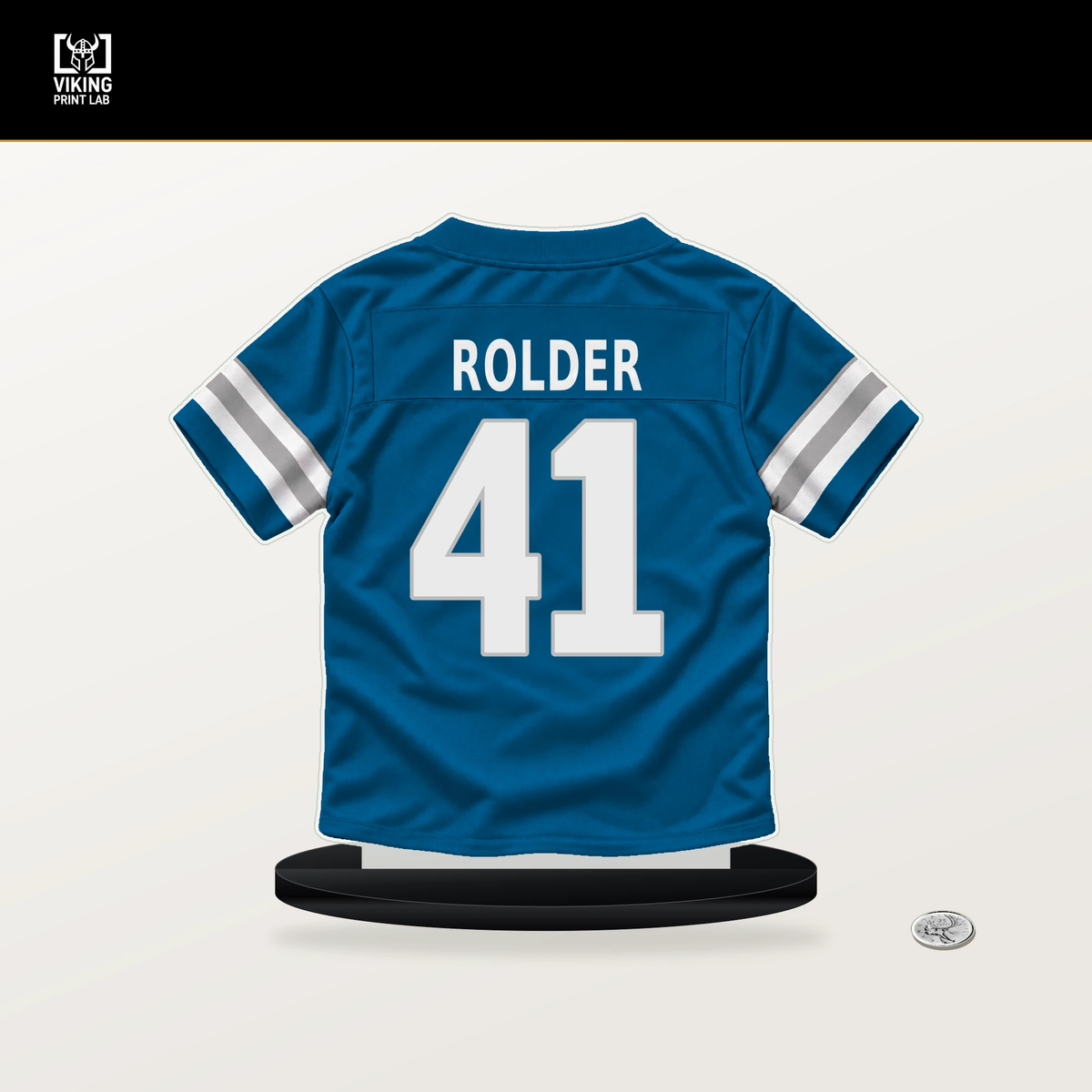 Jimmy Rolder number 41 Detroit Lions jersey stand with included black base.