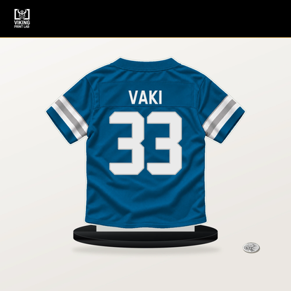 Sione Vaki number 33 Detroit Lions jersey stand with included black base.