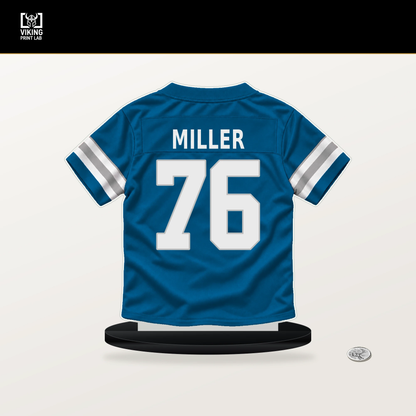 Blake Miller number 76 Detroit Lions jersey stand with included black base.