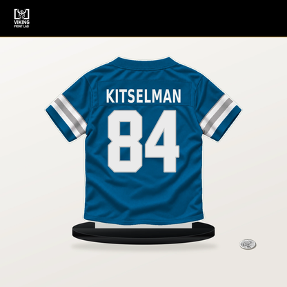 Miles Kitselman number 84 Detroit Lions jersey stand with included black base.