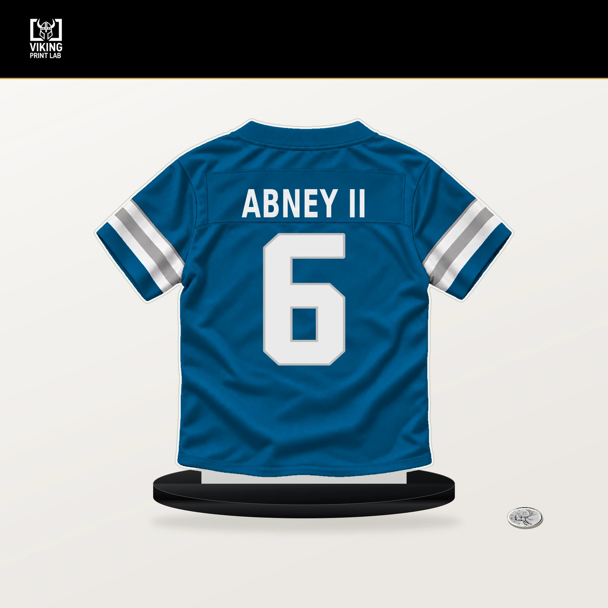 Keith Abney II number 6 Detroit Lions jersey stand with included black base.
