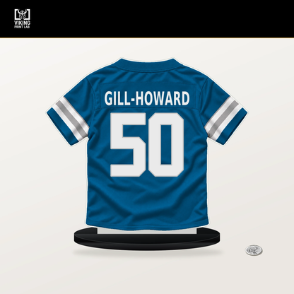 Skyler Gill-Howard number 50 Detroit Lions jersey stand with included black base.