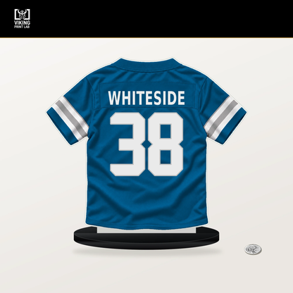 Nick Whiteside number 38 Detroit Lions jersey stand with included black base.