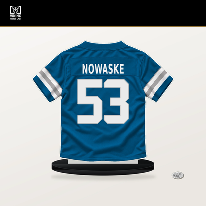 Trevor Nowaske number 53 Detroit Lions jersey stand with included black base.