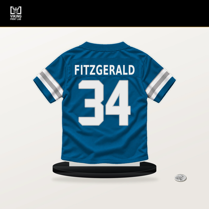 Bishop Fitzgerald number 34 Detroit Lions jersey stand with included black base.