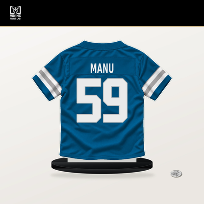Giovanni Manu number 59 Detroit Lions jersey stand with included black base.