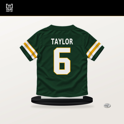Tyrod Taylor number 6 Green Bay Packers jersey stand with included black base.