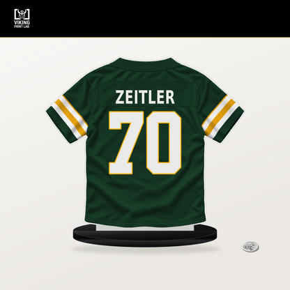 Kevin Zeitler number 70 Green Bay Packers jersey stand with included black base.