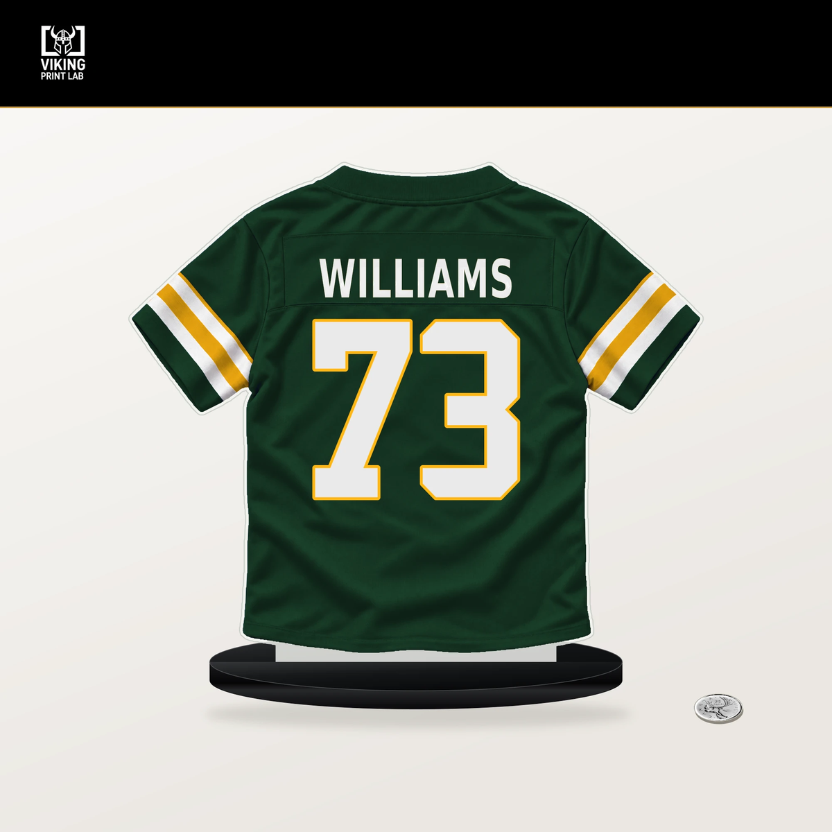 John Williams number 73 Green Bay Packers jersey stand with included black base.