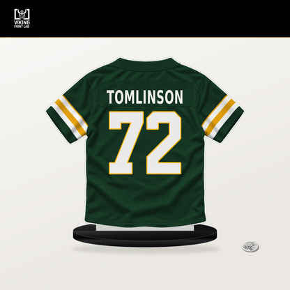 Laken Tomlinson number 72 Green Bay Packers jersey stand with included black base.