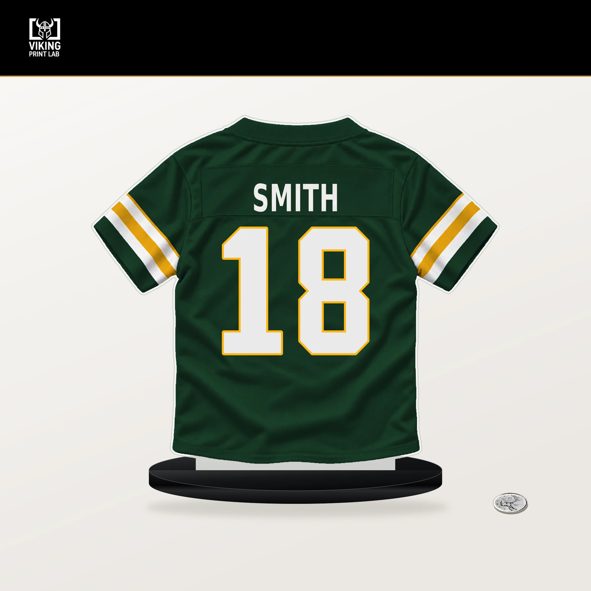 Jonnu Smith number 18 Green Bay Packers jersey stand with included black base.