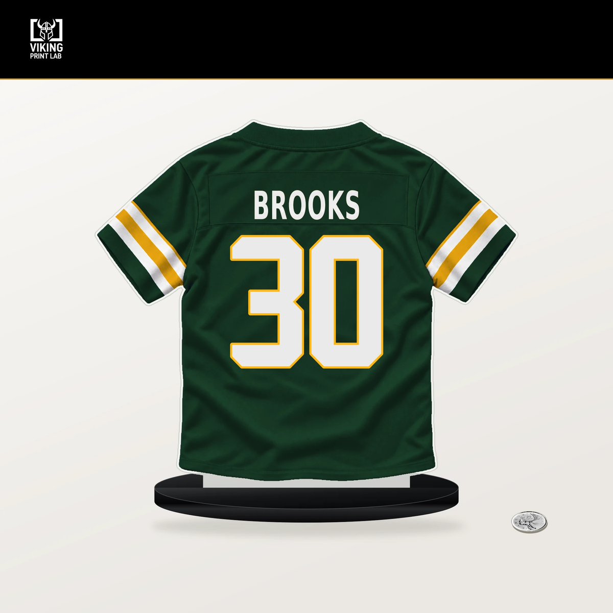 Chris Brooks number 30 Green Bay Packers jersey stand with included black base.