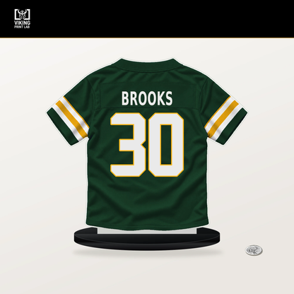 Chris Brooks number 30 Green Bay Packers jersey stand with included black base.