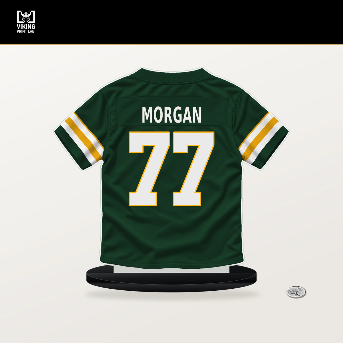 Jordan Morgan number 77 Green Bay Packers jersey stand with included black base.