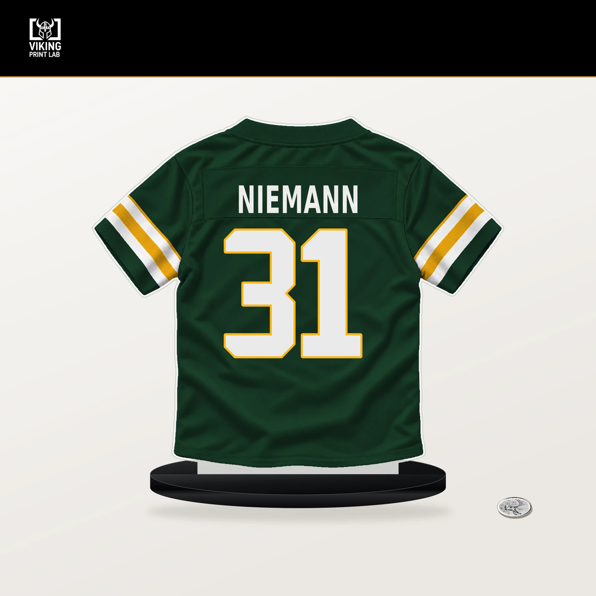 Nick Niemann number 31 Green Bay Packers jersey stand with included black base.