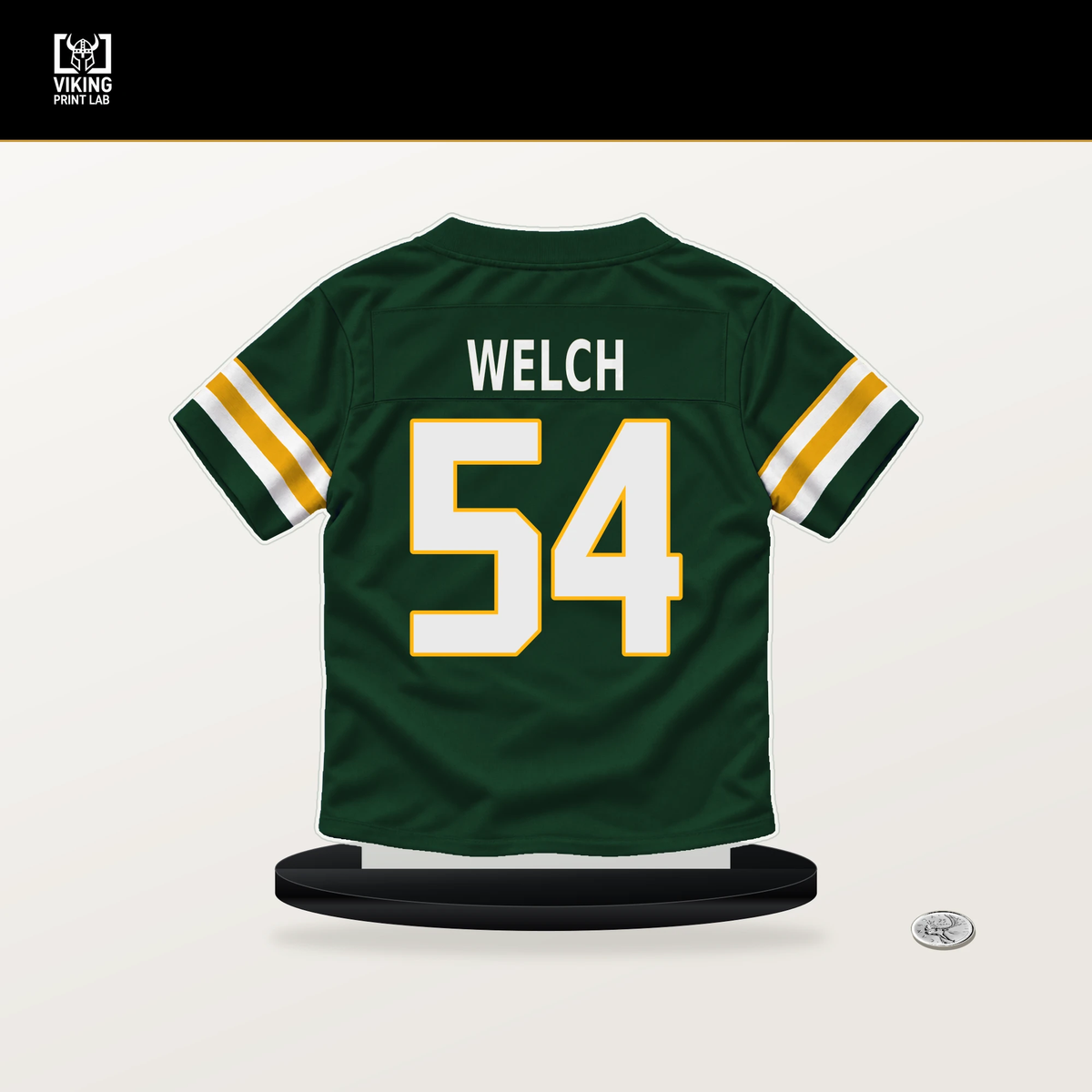 Kristian Welch number 54 Green Bay Packers jersey stand with included black base.